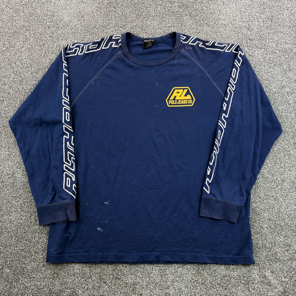 Vintage‎ Polo Jeans Co Shirt Mens XL Blue Ralph Lauren Raglan Sleeve Logo
